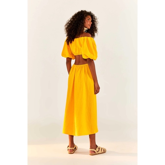 NWOT Farm Rio Yellow Off-The-Shoulder Cut-Out Knot Midi Dress - Picture 4 of 8